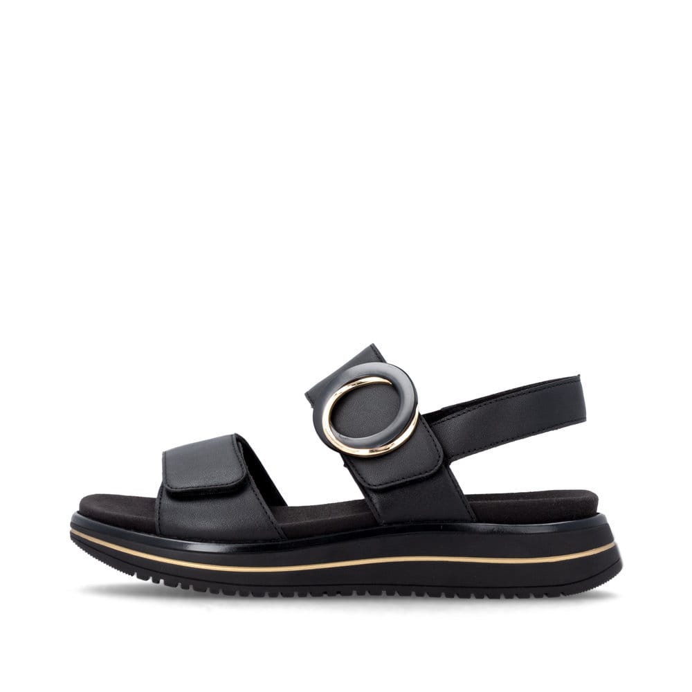 Sandales à lanières remonte noires femme D1J63-00 avec boucle tendance. Côté extérieur de la chaussure.