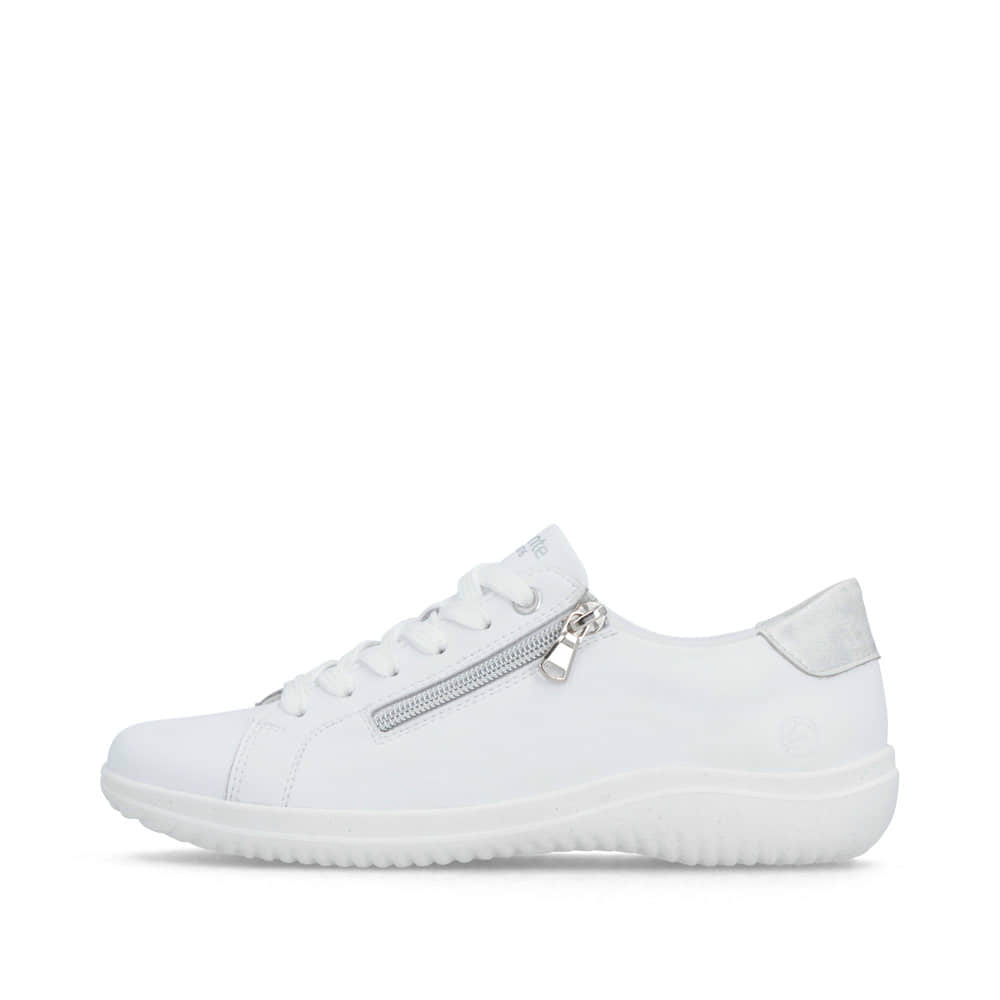Weiße remonte Damen Schnürschuhe D1E03-81 mit einem Reißverschluss. Schuh Außenseite.
