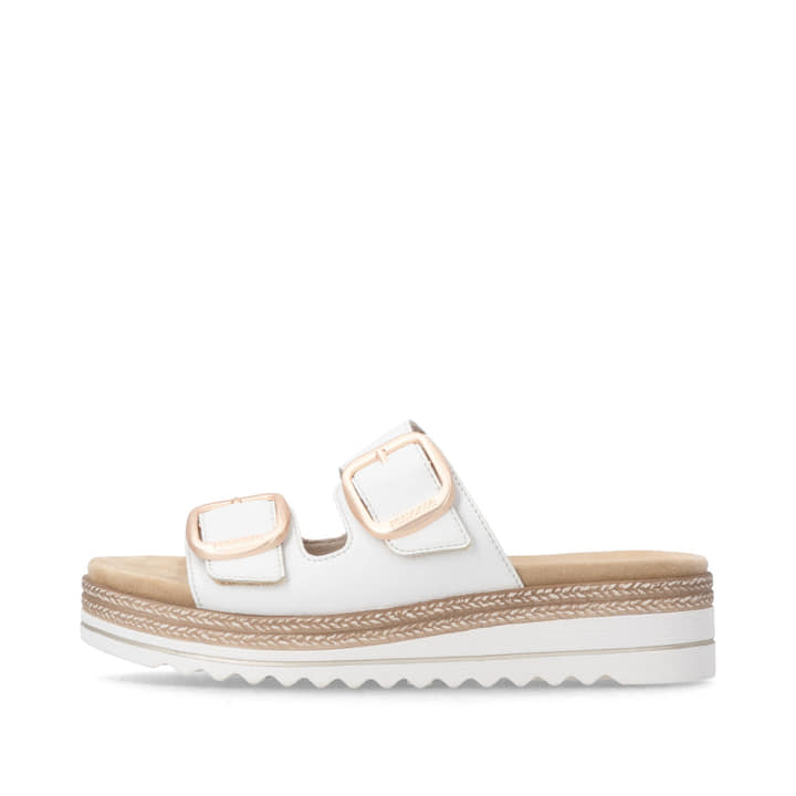 Weiße remonte Damen Pantoletten D0Q66-80 mit trendiger Schnalle. Schuh Außenseite.