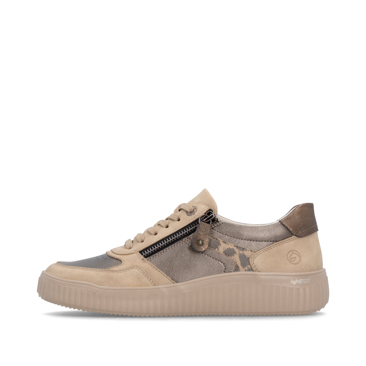Beige-bronzene remonte Damen Sneaker D3E05-90 mit der ultraleichten lightsole+. Schuh Außenseite.
