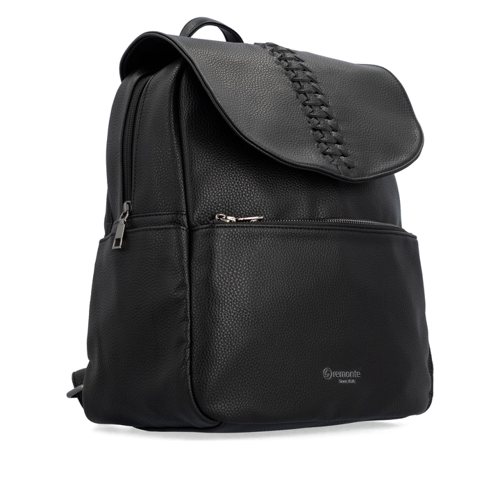 remonte Rucksack Q0539-00 in Schwarz mit Außenfächern, Reißverschluss und verstellbaren Schulterriemen.  Linksseitig.