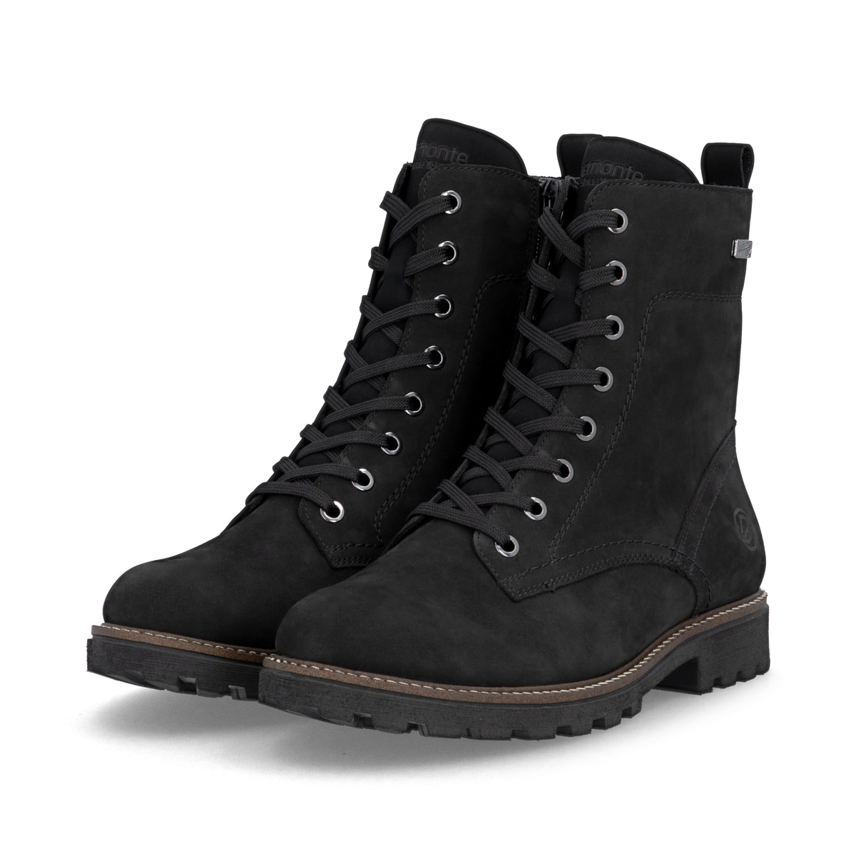Schwarze remonte Damen Schnürstiefel D8489-02 mit wasserabweisender TEX-Membran. Schuhpaar seitlich schräg.