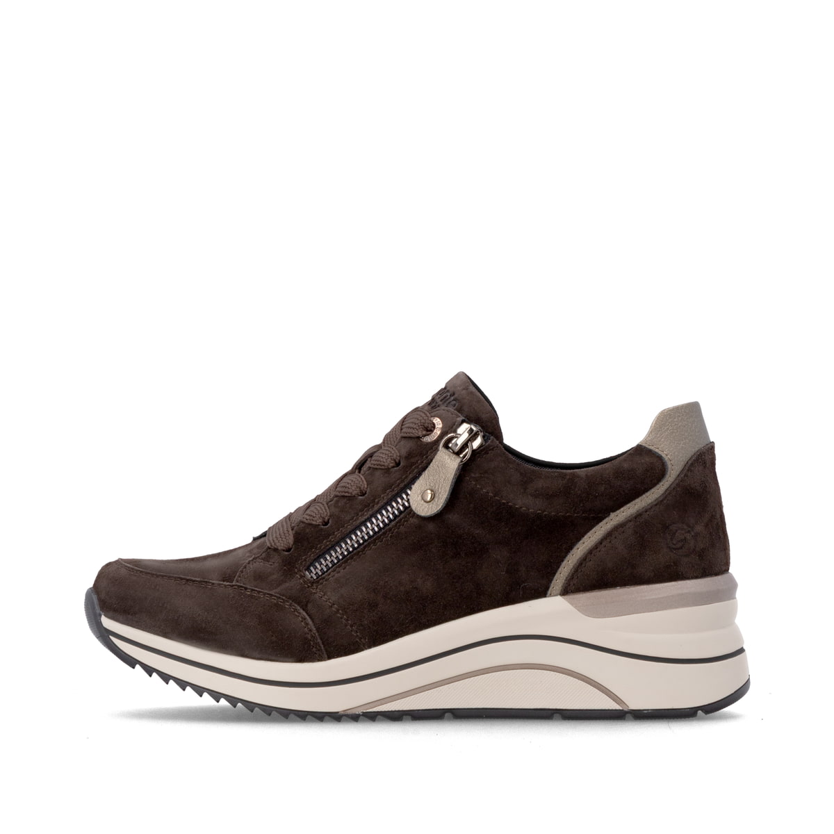 Dunkelbraune remonte Damen Sneaker D0T03-25 mit einem Reißverschluss. Schuh Außenseite.