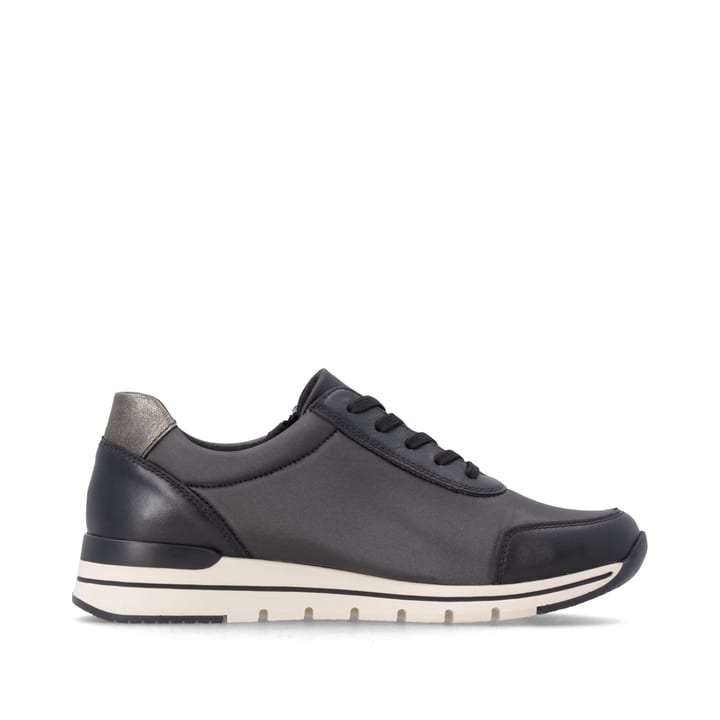 Baskets basses remonte noires pour femmes R6700-04 avec fermeture éclair. Côté intérieur de la chaussure.
