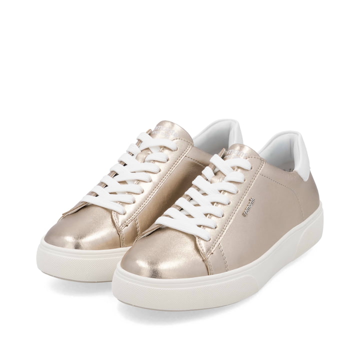 Metallische remonte Damen Sneaker Low D2J00-90 mit einer Schnürung. Schuhpaar seitlich schräg.