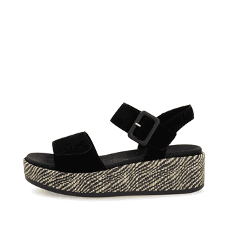 Schwarze remonte Riemchensandaletten D1N54-02 mit einem Klettverschluss. Schuh Außenseite.
