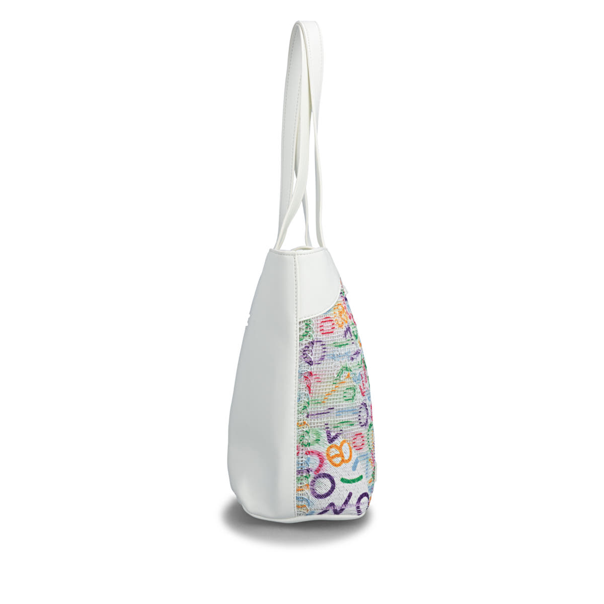 Sac à main remonte Q0772-80 blanc avec tissu en maille brodée colorée avec fermeture magnétique. Côté droit.