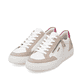 Weiße remonte Damen Sneaker Low D2J01-81 mit Reißverschluss sowie Komfortweite G. Schuhpaar seitlich schräg.