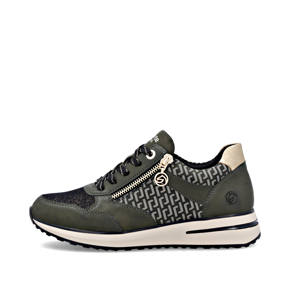 Grüngoldene remonte Damen Sneaker D1G08-54 mit einem Reißverschluss. Schuh Außenseite.