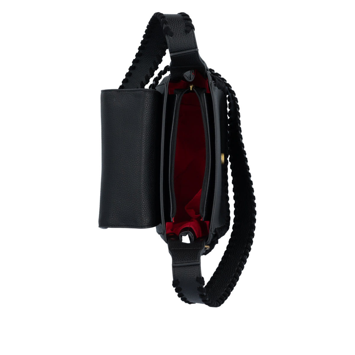 remonte Umhängetasche Q0677-00 in Schwarz mit Fransenanhänger und Überschlag mit Magnetverschluss. Geöffnet.