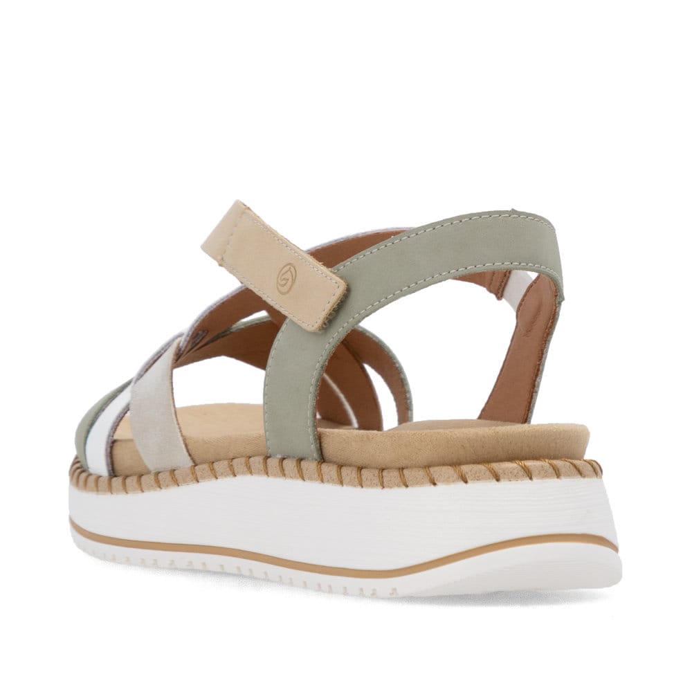 Grünbeige remonte Riemchensandalen D3J53-52 mit einem Klettverschluss. Schuh von hinten.