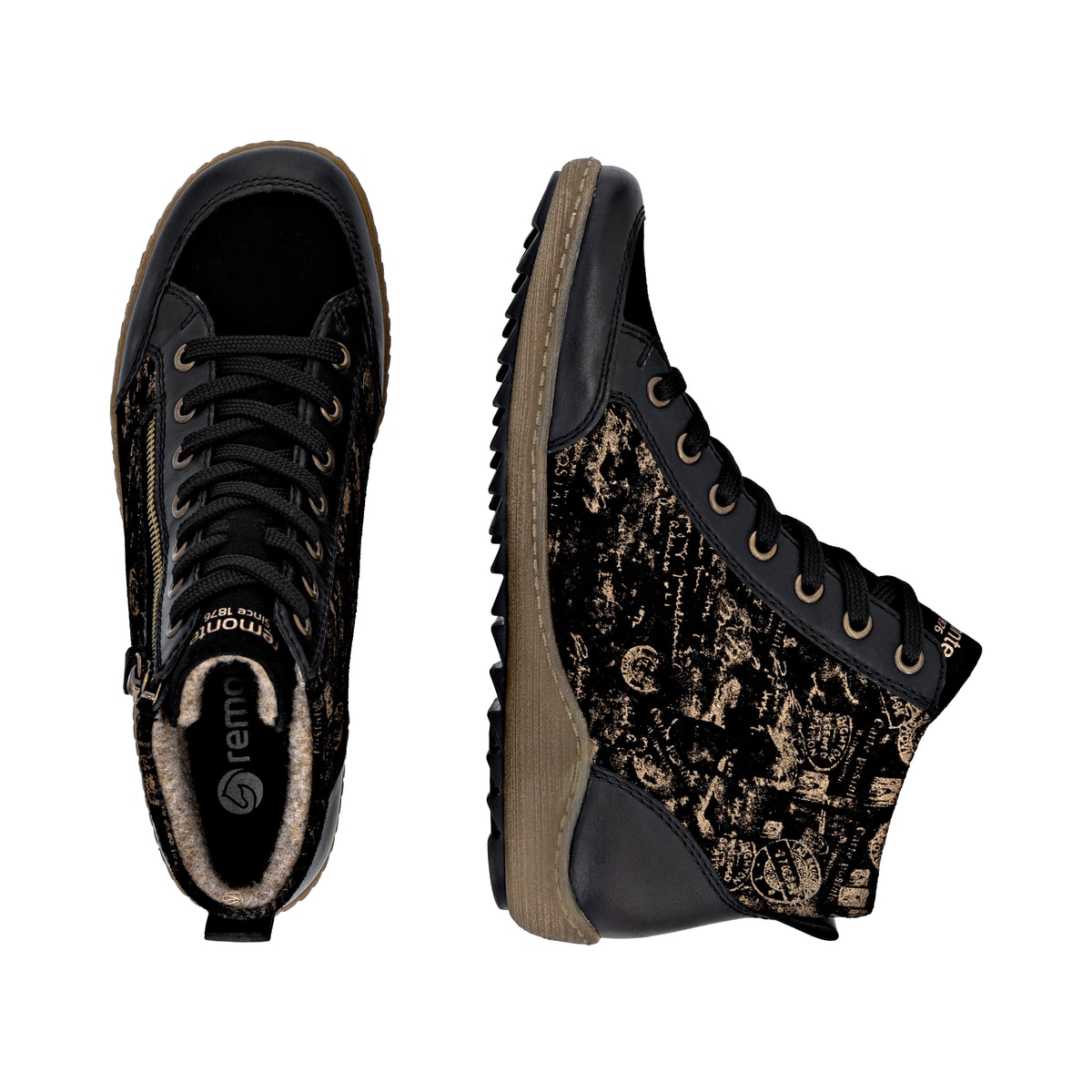 Schwarze remonte Damen Kurzstiefel R1441-03 mit wasserabweisender TEX-Membran. Schuh von oben, liegend.