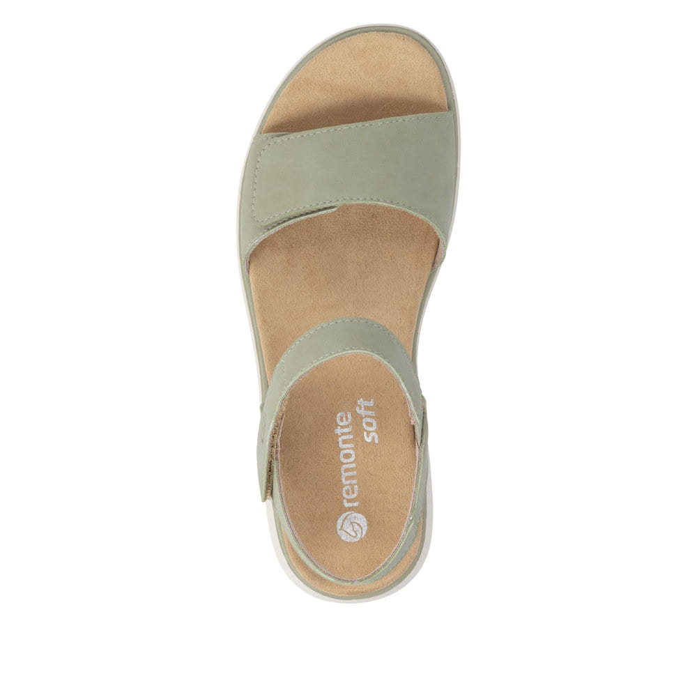 Grüne remonte Riemchensandalen D2K58-52 mit einem Klettverschluss. Schuh von oben.