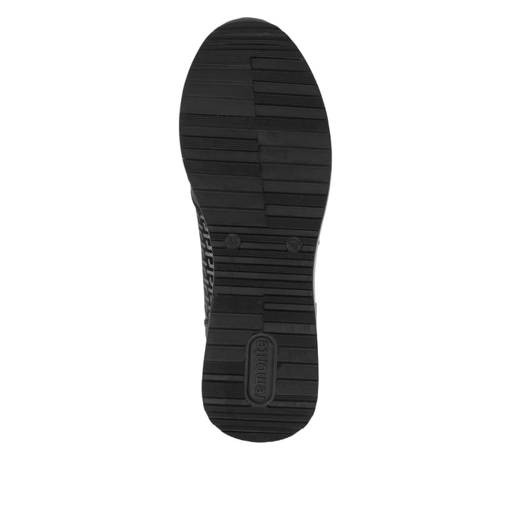 Vegane, schwarze remonte Damen Sneaker D1G08-07 mit goldenen Details. Schuh Laufsohle.
