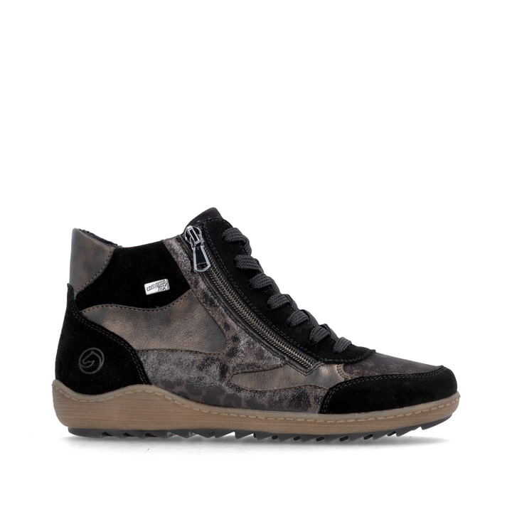 Schwarz-bronzene remonte Damen Schnürstiefel R1452-03 mit einem Reißverschluss. Schuh Außenseite gespiegelt.