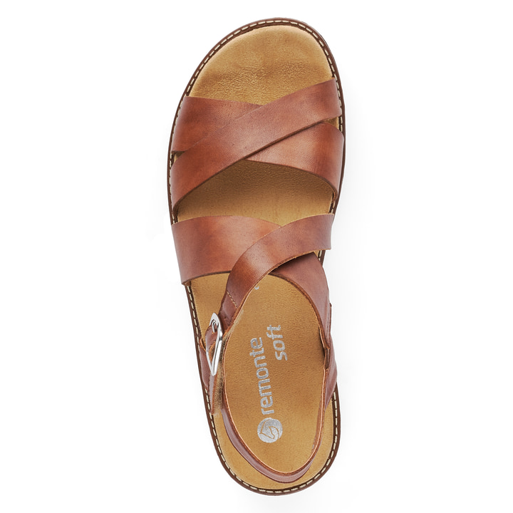 Braune remonte Riemchensandalen D2060-24 mit einem Klettverschluss. Schuh von oben.