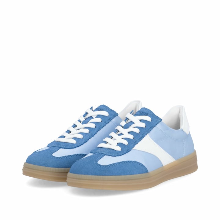 Blauweiße remonte Damen Sneaker D2C01-10 mit Schnürung sowie der Komfortweite G. Schuhpaar seitlich schräg.