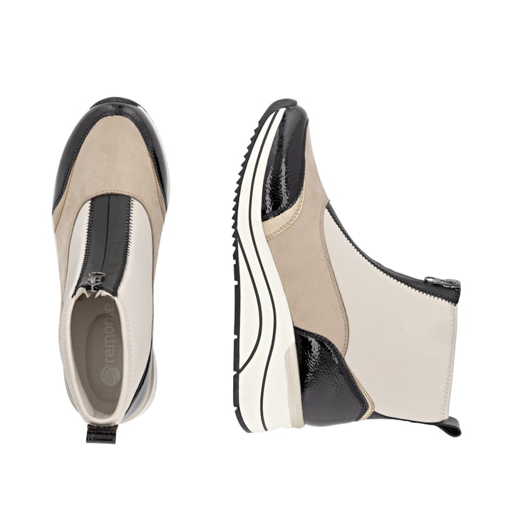 Beige remonte Damen Kurzstiefel D0T78-60 mit Reißverschluss sowie Extraweite H. Schuh von oben, liegend.