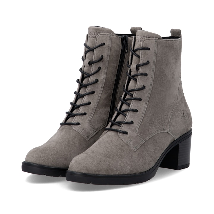 Graue remonte Damen Schnürstiefel D2A80-42 mit einem Reißverschluss. Schuhpaar seitlich schräg.