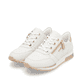 Weiße remonte Damen Sneaker Low D0H11-81 mit einem Reißverschluss. Schuhpaar seitlich schräg.