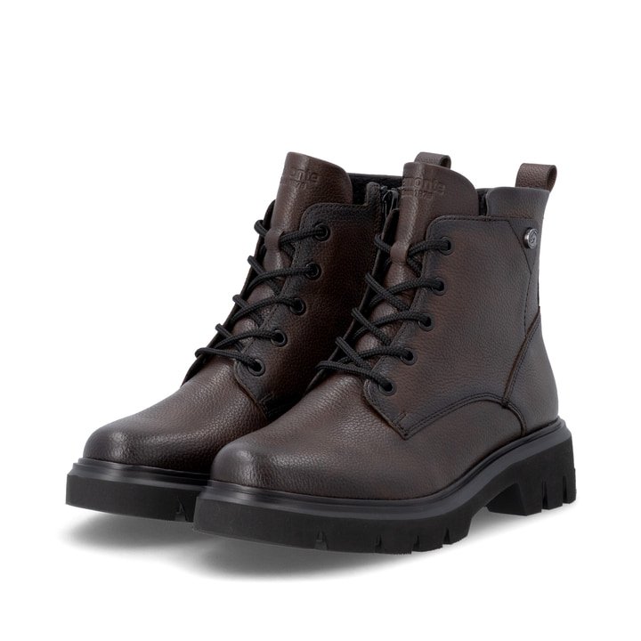 Dunkelbraune remonte Damen Schnürstiefel D1W83-25 mit einem Reißverschluss. Schuhpaar seitlich schräg.