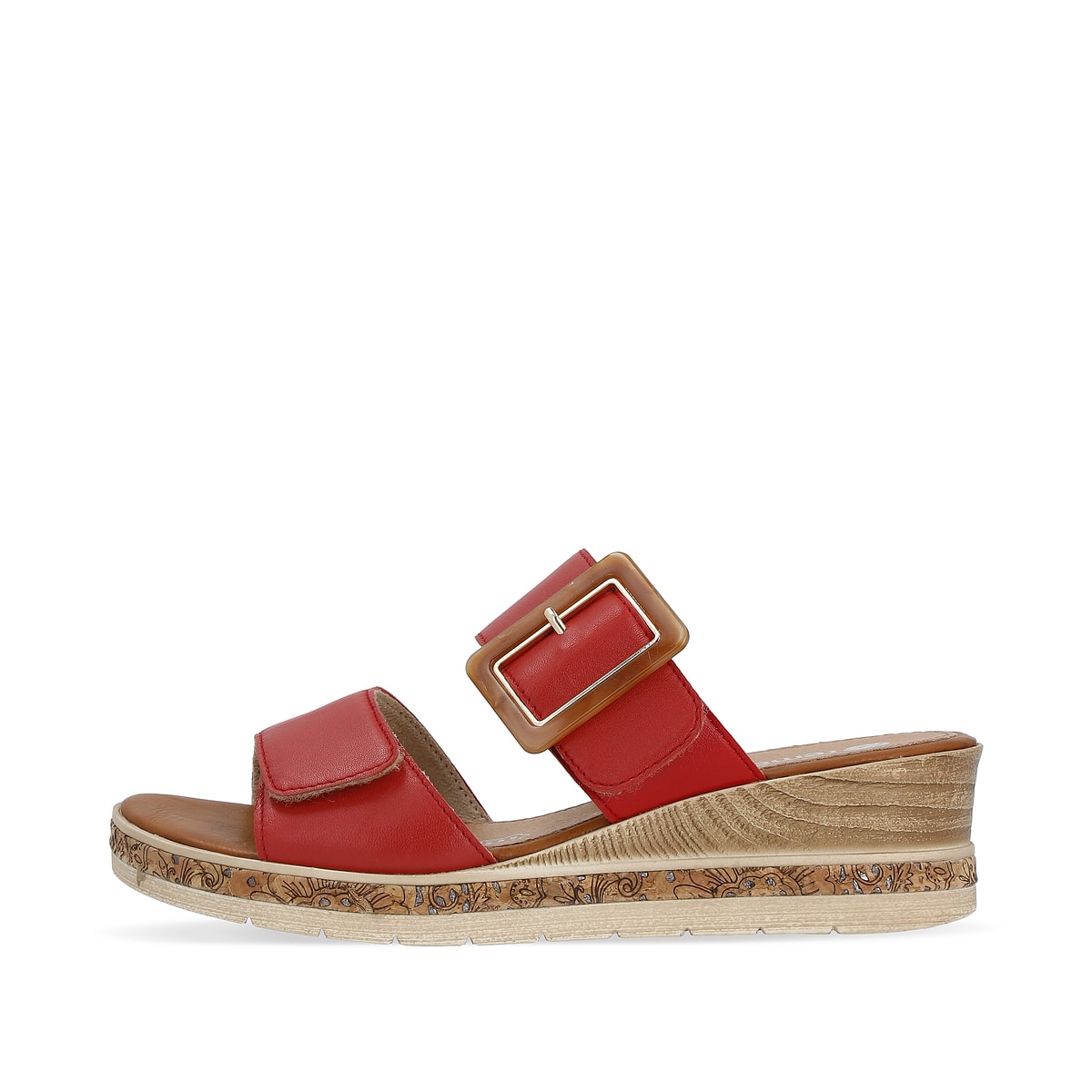 Kirschrote remonte Damen Pantoletten D3068-33 mit Klettverschluss. Schuh Außenseite.