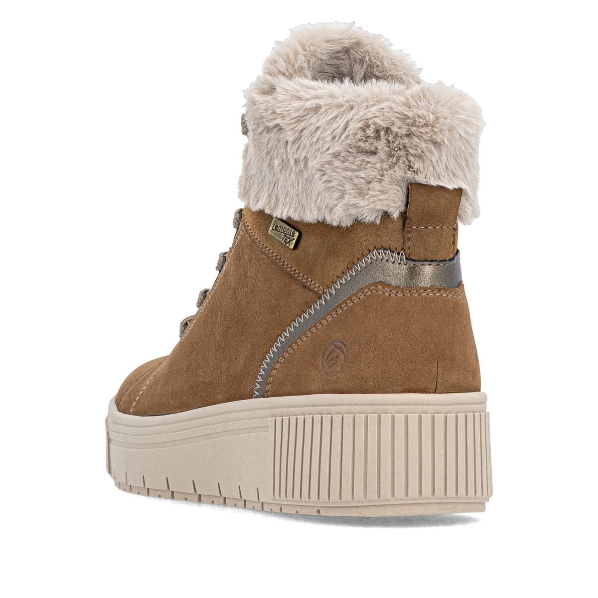 Braune remonte Damen Kurzstiefel D3B72-22 mit wasserabweisender TEX-Membran. Schuh von hinten.