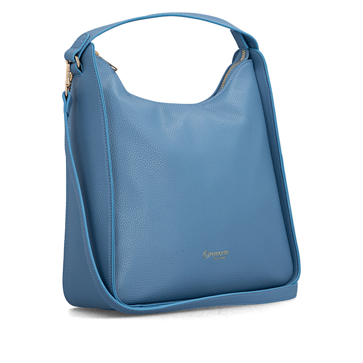 Sac à main remonte Q0730-14 bleu avec détails dorés et fermeture éclair. Côté gauche.