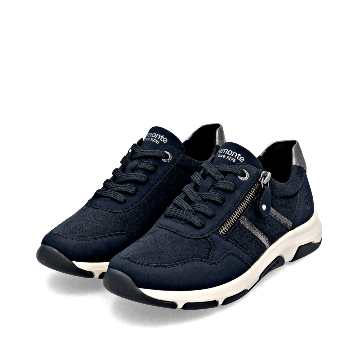 Blaue remonte Damen Sneaker D1S04-15 mit Reißverschluss sowie der Komfortweite G. Schuhpaar seitlich schräg.