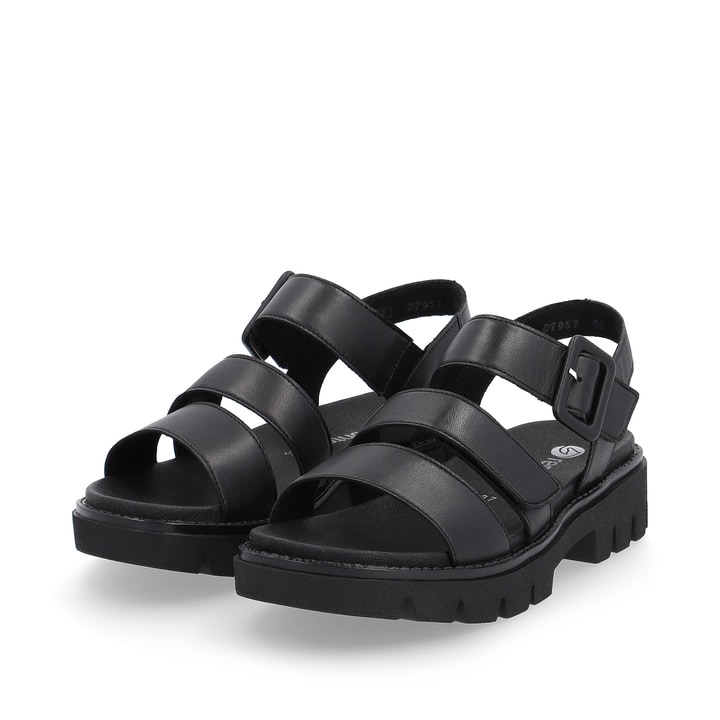 Graphitschwarze remonte Damen Riemchensandalen D7957-00 mit Klettverschluss. Schuhpaar seitlich schräg.
