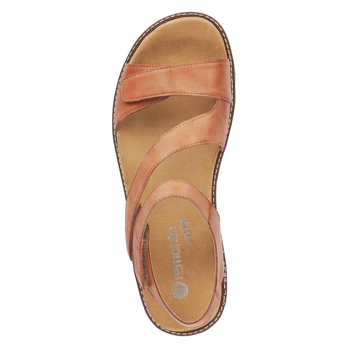 Karamellbraune remonte Damen Riemchensandalen D2050-24 mit einer flexiblen Profilsohle. Schuh von oben