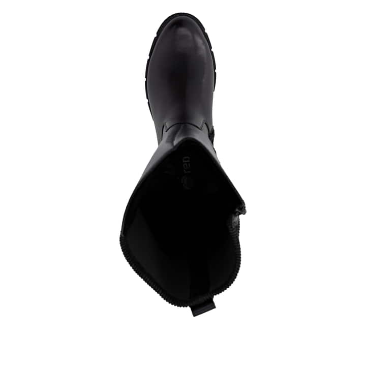 Schwarze remonte Hochschaftstiefel D2S74-00 mit einem Reißverschluss. Schuh von oben.