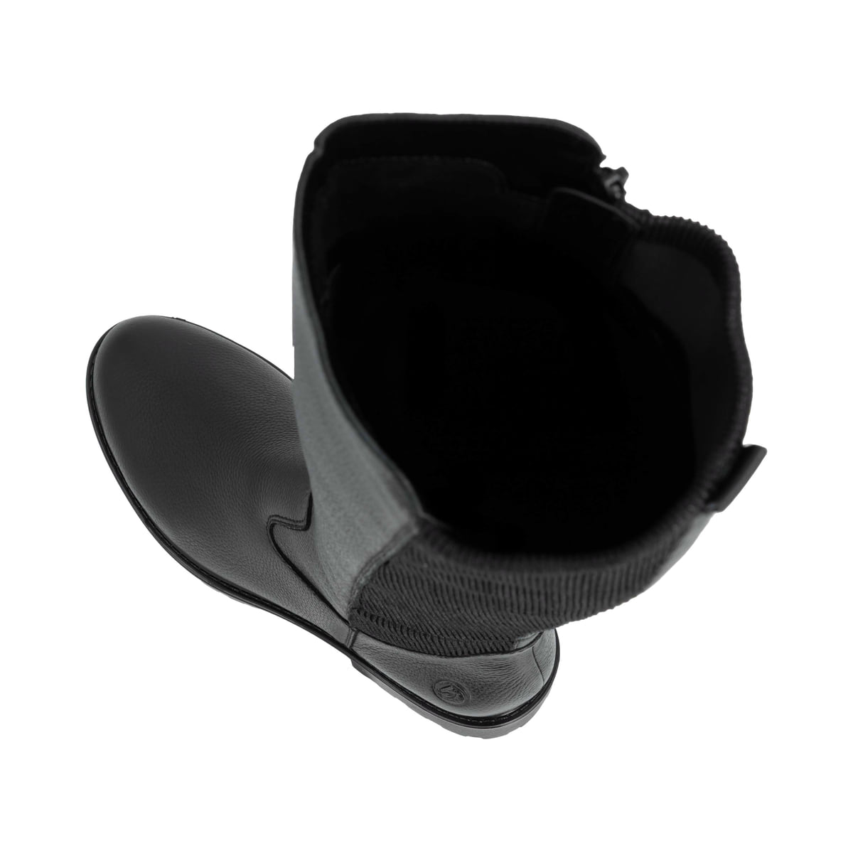 Schwarze remonte Hochschaftstiefel R6594-00 mit einem Reißverschluss. Schuh von oben, liegend.