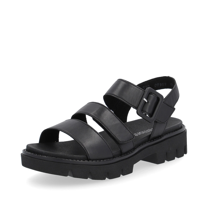 Graphitschwarze remonte Damen Riemchensandalen D7957-00 mit Klettverschluss. Schuh seitlich schräg.