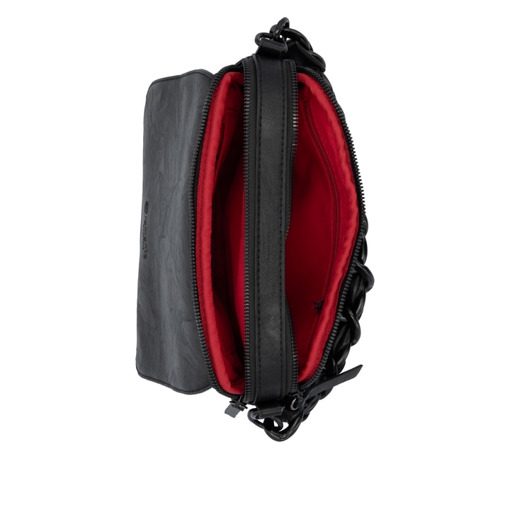 Sac à main remonte Q0645-01 en noir avec deux compartiments intérieurs et des bandoulières amovibles et rajustables. Ouvert.