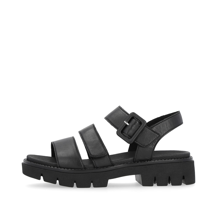 Graphitschwarze remonte Damen Riemchensandalen D7957-00 mit Klettverschluss. Schuh Außenseite.