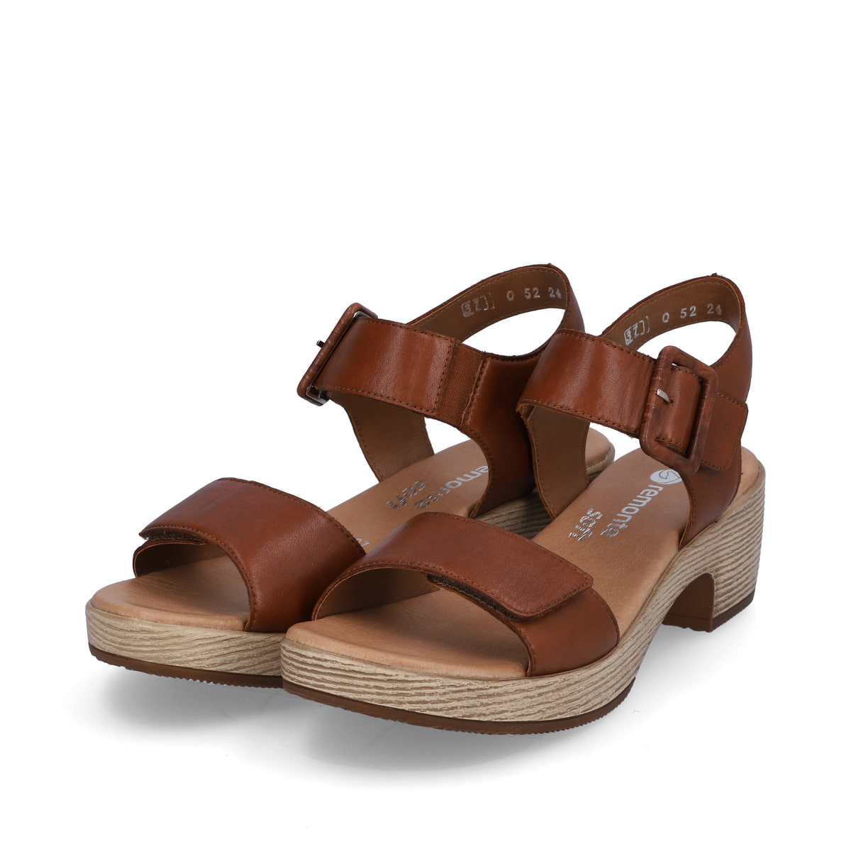 
Schokobraune remonte Damen Riemchensandaletten D0N52-24 mit einem Blockabsatz. Schuhpaar schräg.