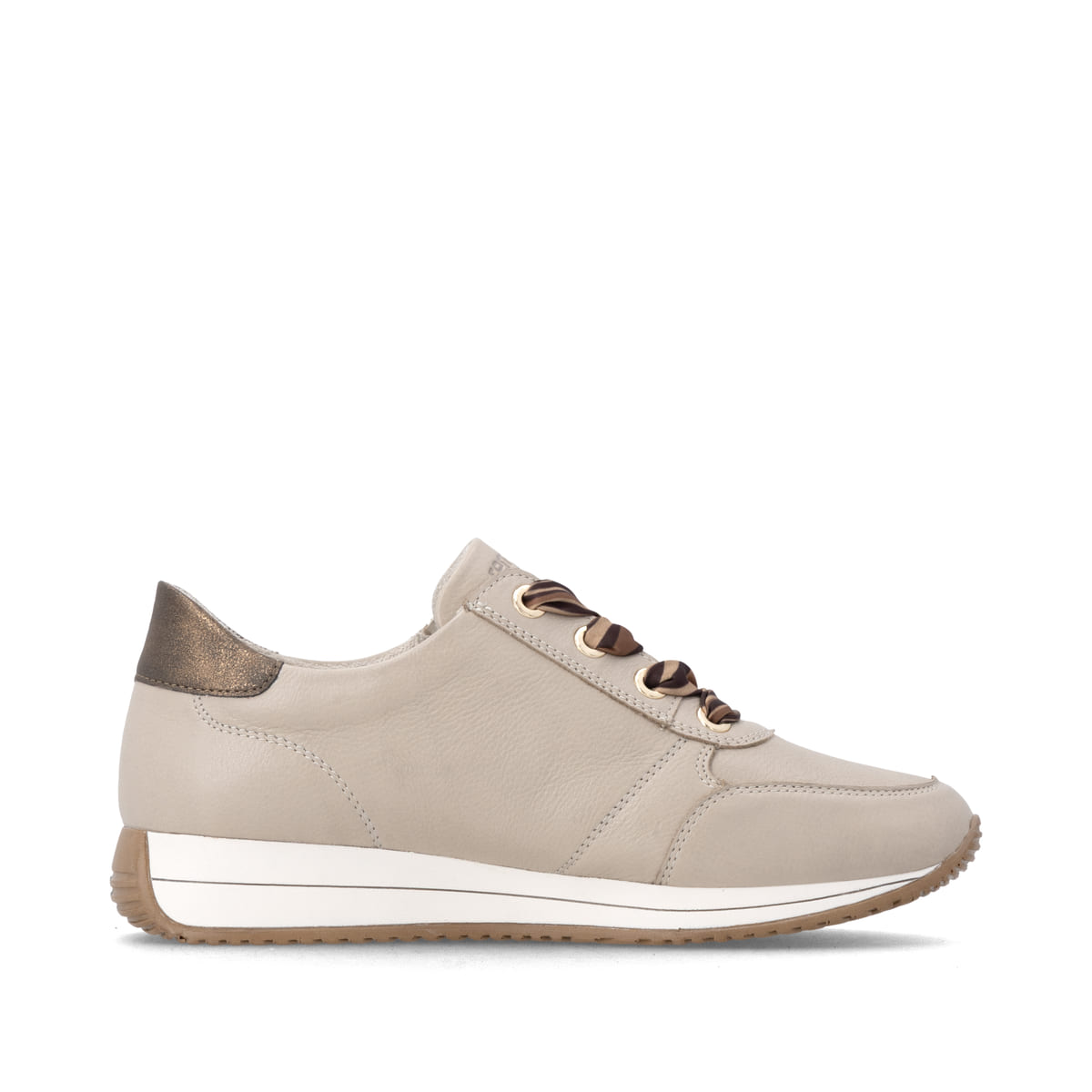 Baskets basses remonte beiges pour femmes D0H11-62 avec fermeture éclair. Côté intérieur de la chaussure.