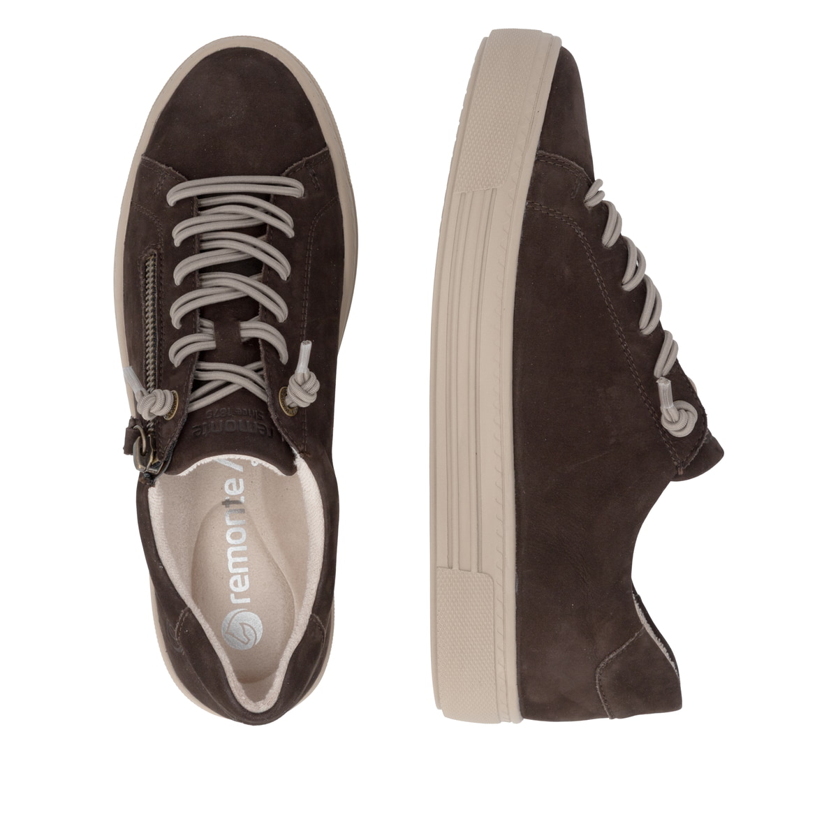 Baskets basses remonte marron pour femmes D0920-25 avec fermeture éclair. Chaussure vue de dessus, couchée.