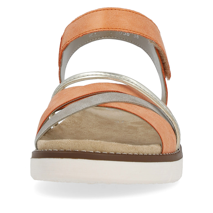 Orangene vegane remonte Damen Riemchensandalen D2058-38 mit Klettverschluss. Schuh von vorne.