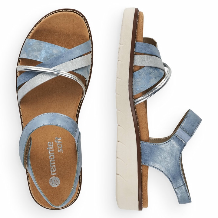 Blaue vegane remonte Riemchensandalen D2058-12 mit einem Klettverschluss. Schuh von oben, liegend.