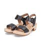 
Asphaltschwarze remonte Damen Riemchensandaletten D0N52-00 mit einem Blockabsatz. Schuhpaar schräg.