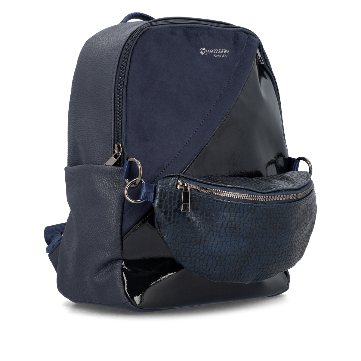 Sac à dos remonte Q0533-14 en bleu avec une poignée pour l'attacher à la poignée de valise et un sac banane amovible. Côté gauche.