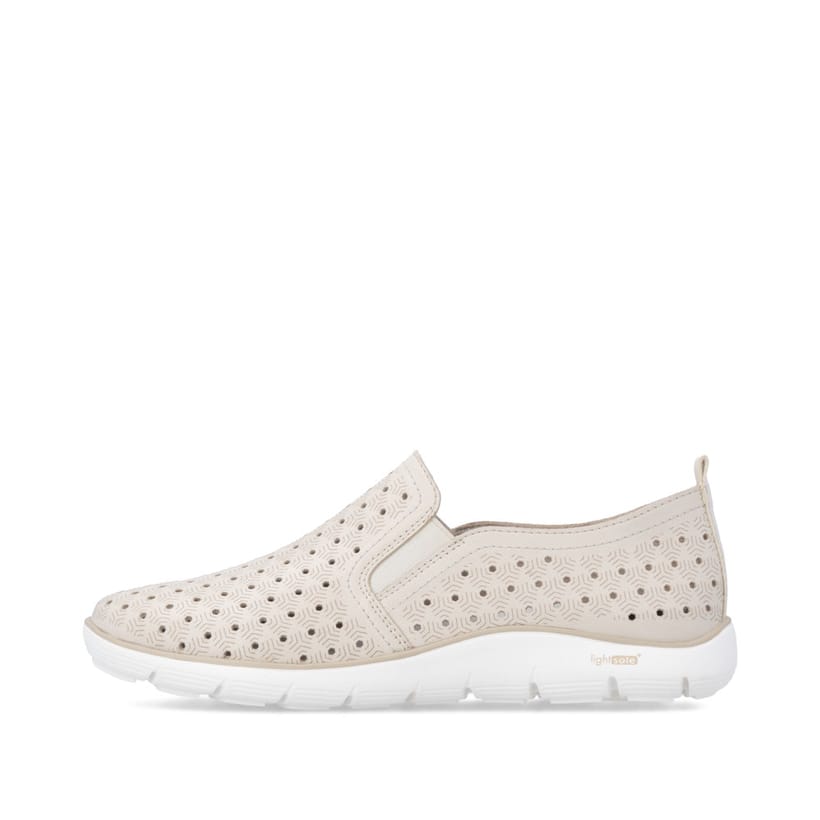 Beige remonte Damen Slipper D3G04-60 mit eleganten Zierlochungen sowie Gummizug. Schuh Außenseite.