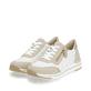 Weiße vegane remonte Damen Sneaker Low R6709-80 mit einem Reißverschluss. Schuhpaar seitlich schräg.