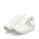 Weiße remonte Damen Sneaker Low D1318-80 mit Reißverschluss sowie Komfortweite G. Schuhpaar seitlich schräg.