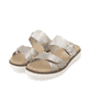 Metallische vegane remonte Damen Pantoletten D2048-91 mit einem Klettverschluss. Schuhpaar seitlich schräg.