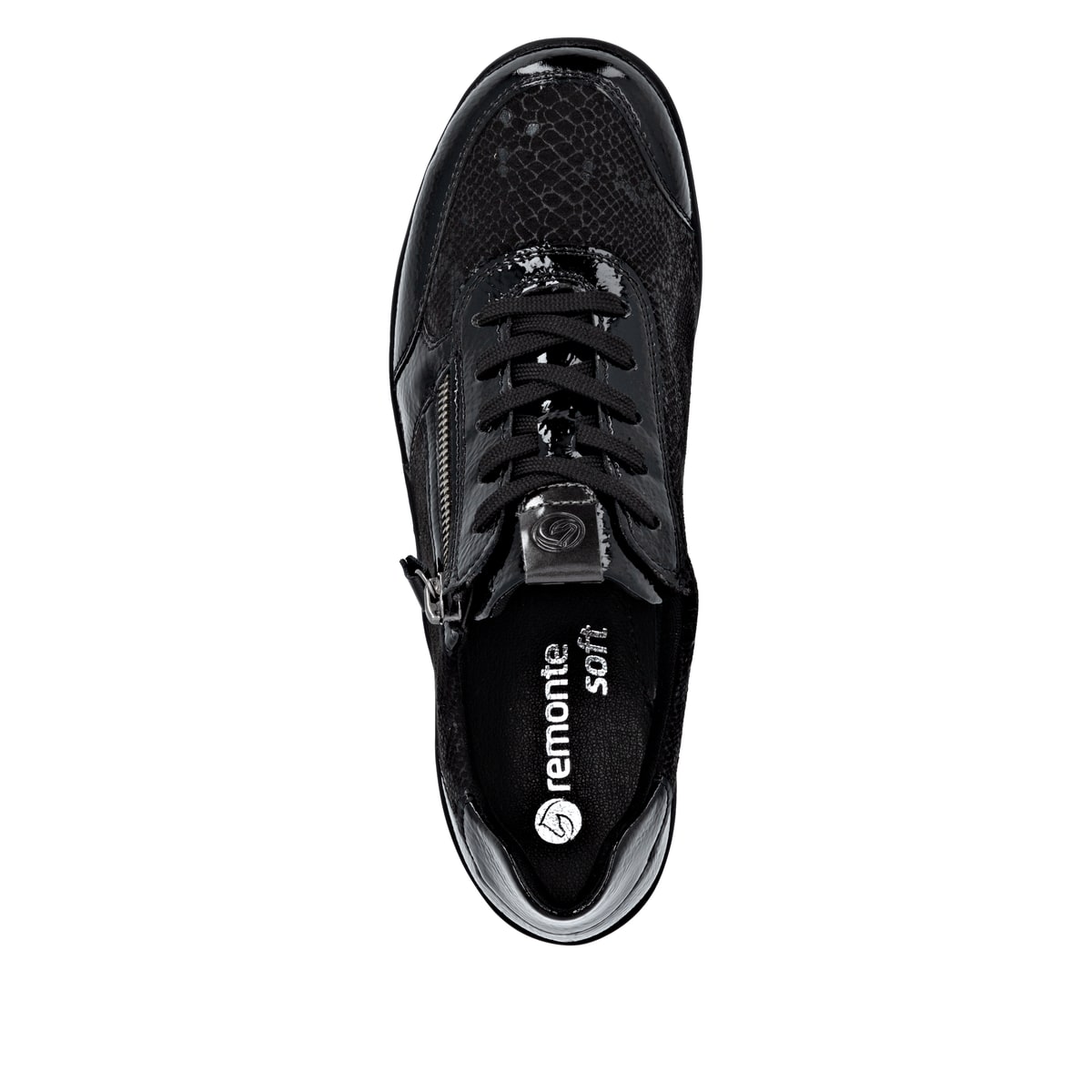 Baskets basses remonte noires pour femme R7637-04 avec fermeture éclair. Semelle extérieure de la chaussure.