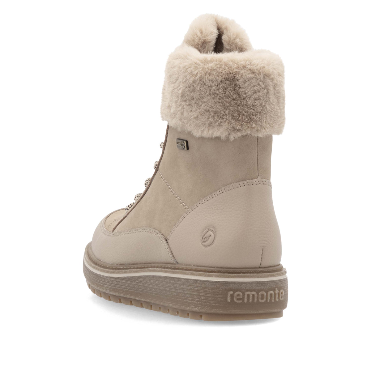 Braunbeige remonte Damen Schnürstiefel D0U78-20 mit Flip-Grip Sohle. Schuh von oben.