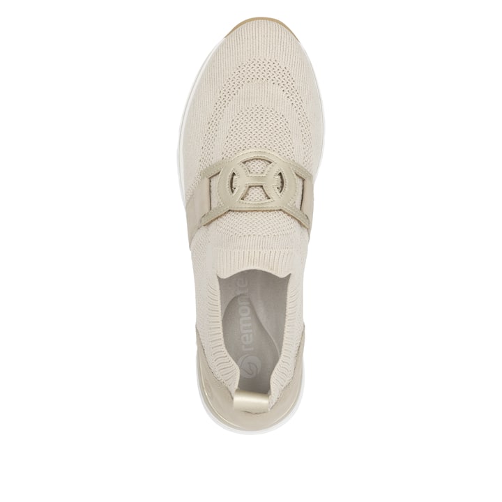 Beige remonte Damen Slipper R6713-60 mit einem Gummizug sowie der Komfortweite G. Schuh von oben.